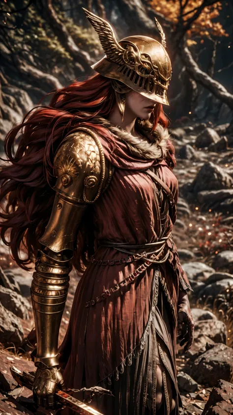 from above, high view shot, in the heart of elden ring, a young beautiful malenia, long red hair, blood hair, malenia's helmet, ...