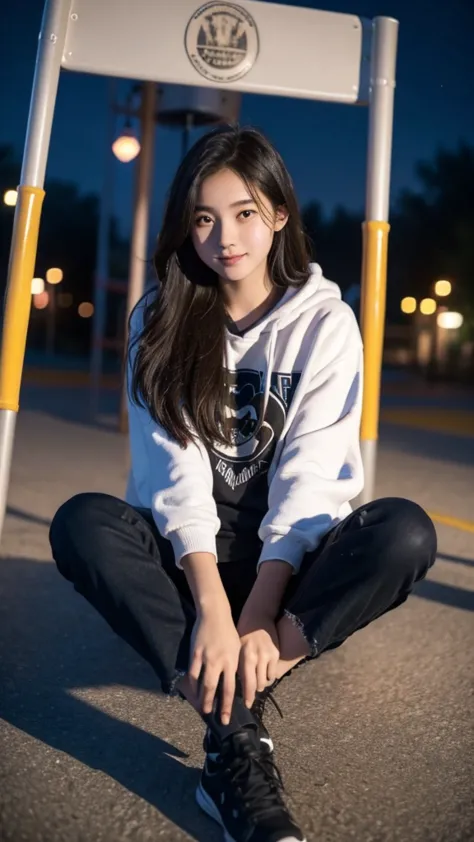 First-person perspective,a female high school student,Sit on the playground，night，wearing jk，Lovely