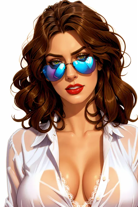 a long curling brown hair beauty, wearing a sunglass, wearing a white unbutton lace shirt, white background, glossy red lip, bad...