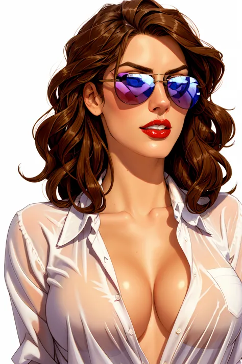 a long curling brown hair beauty, wearing a sunglass, wearing a white unbutton lace shirt, white background, glossy red lip, bad...
