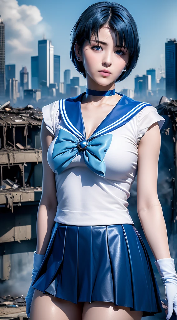 masterpiece, Highest quality, High resolution, Venus 1, One girl, alone, Sailor Warrior Uniform, Sailor Mercury, Mizuno Ami, Blue Hair, Magical girl, blue eyes, Blue Skirt, Elbow hand pockets, tiara, Pleated skirt, Blue Sailor Collar, mini skirt, choker, blue choker, White gloves, Short Hair,  jewelry,  Earrings, Cowboy Shot,More detailed 8K.Unreal Engine:1.4,超High resolution,La Highest quality:1.4, Realistic:1.4, Skin Texture:1.4, masterpiece:1.8,first work, Highest quality,Object Object], (Detailed facial features:1.3),(Fine hand:1.4),(Apocalyptic destroyed cityscape:1.4)