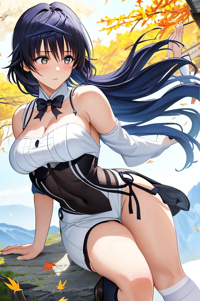 Masterpiece, Best quality, A high resolution, 1girll, Blue hair, pony tails, bangs, hair between eye, side locks, ahoge, Purple eyes, bell, Neckbells, Detached collar, White collar, cropped shoulders, Black pantyhose, Tights under clothes, Detached sleeves, White sleeves, Long sleeves, Golden decoration, Medium breasts, mitts, Black gloves, ribbon, Leg ribbon, ankle ribbon, White footwear, visions (Genshin Impact), Ganyu \(Genshin Impact\), Outdoors, (east asian architecture, Autumn, Autumn leaves), full bodyesbian：1.5， Positive focus,Look up at the camera