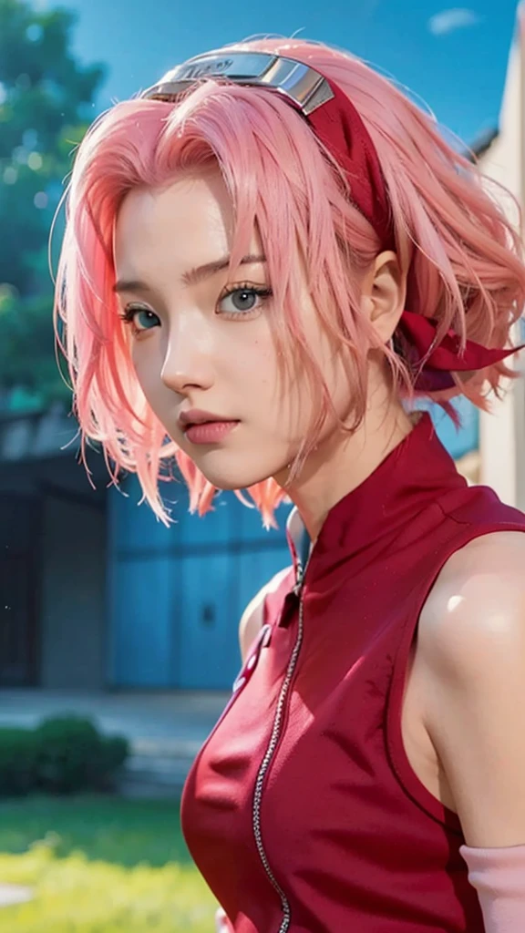 Real life adaption of this character, Korean teen beauty face, realistic pink hair , realistic same outfit, realistic light, realistic shadow, hyper realistic, realism, realistic background,(photorealistic:1.2)