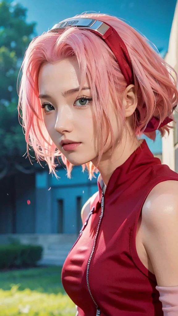 Real life adaption of this character, Korean teen beauty face, realistic pink hair , realistic same outfit, realistic light, realistic shadow, hyper realistic, realism, realistic background,(photorealistic:1.2)