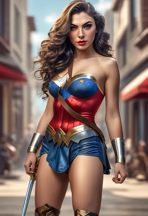 (best quality,4k,ultra-realistic:1.2),ultra-detailed,(photorealistic:1.37) sexy beautiful gal gadot dressed as wonder woman , in...