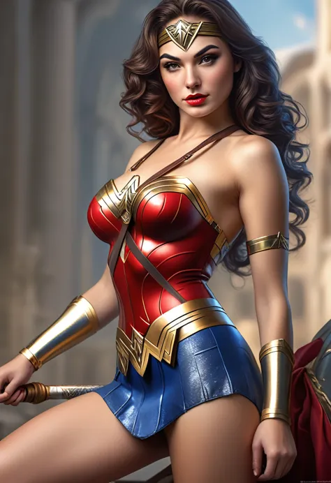 (best quality,4k,ultra-realistic:1.2),ultra-detailed,(photorealistic:1.37) sexy beautiful gal gadot dressed as wonder woman , in...