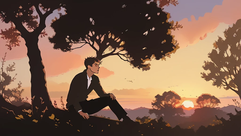 young man under a tree admiring the sunset