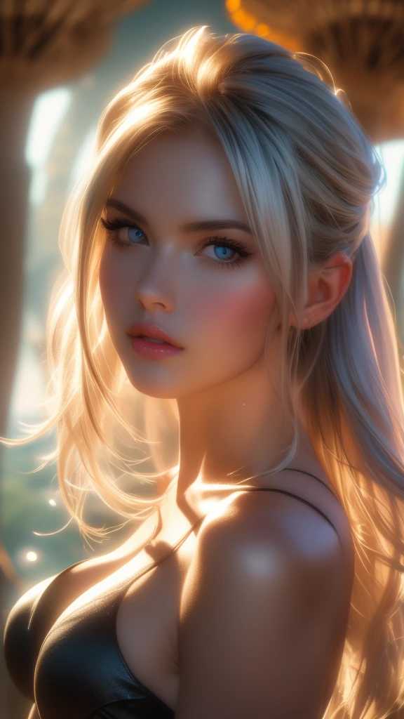 (((ultra realistic))) Photo, masterpiece, top quality, (pale skin), (Ultra detailed face and eyes:1.3), 1 girl, Adult, A Gil Elvgren pin-up style painting of a beautiful blonde woman with big messy hair, with a thin black hairband, in a seductive short blue dress, cleavage, white stockings, in a provocative pose, on a giant glowing mushroom, vibrant and colorful,(Natural breasts). ((Posing)), photoshoot, (Soft Lighting), (The play of light and shadows), depth of field, bokeh, (special attention to skin detail: 1.2), Detailed leather texture, detailed skin pores. (Erotic atmosphere of the frame. Color range - Pink, Silver, White tones), UDR, ((Film grain)), ((rays)), (Glare), ((close-up portrait, close to the camera)) , ultra detailed. 