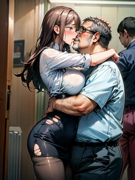 (One Girl, Fat middle-aged man:1.2), Torn pantyhose, White shirt, Pencil Skirt, blush, French kiss, hug, Big Breasts, office, Ve...