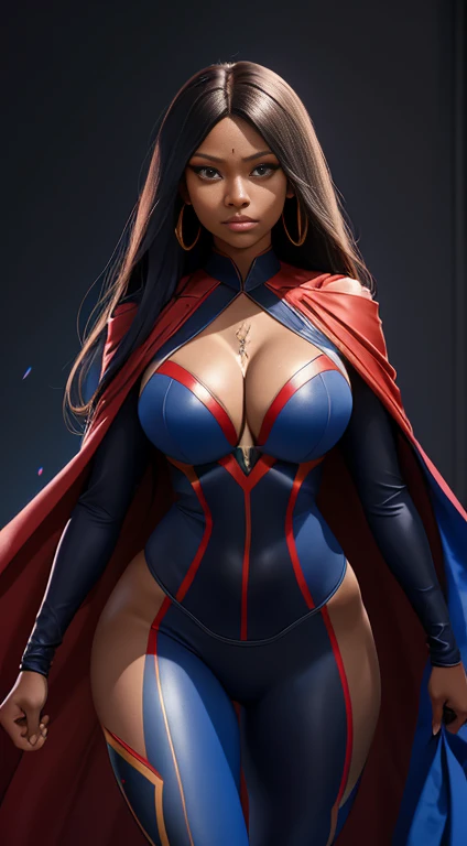 a beautiful girl with long flowing hair, meghan thee stallion, black American, dark skin, superwoman uniform, tight fitting bodysuit, red and blue colors, flowing cape, heroic, powerful, determined expression, studio lighting, photorealistic, 8k, high quality, digital art