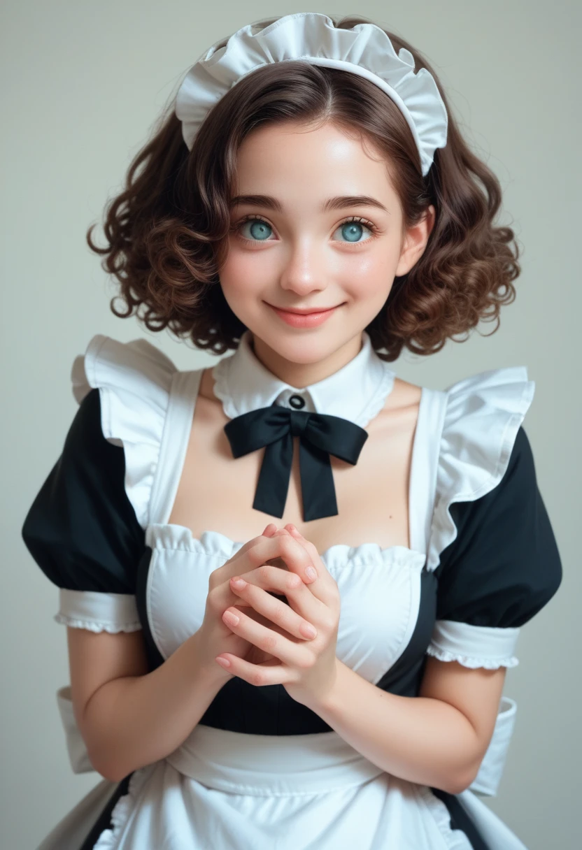 ((Beautiful maid:1.5),High resolution, Highest quality),Wearing maid uniform,Soft hands, Big bright eyes, Dark and vibrant curly hair, Cute smile, Rosy Cheeks, Soft Light, Pure white background