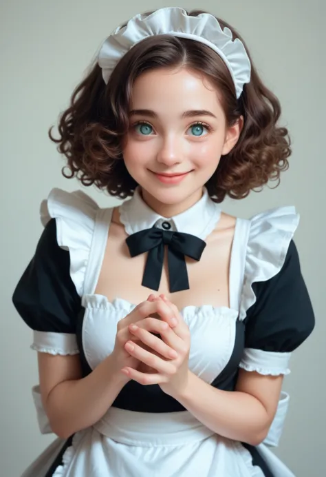 ((beautiful maid:1.5),high resolution, highest quality),wearing maid uniform,soft hands, big bright eyes, dark and vibrant curly...