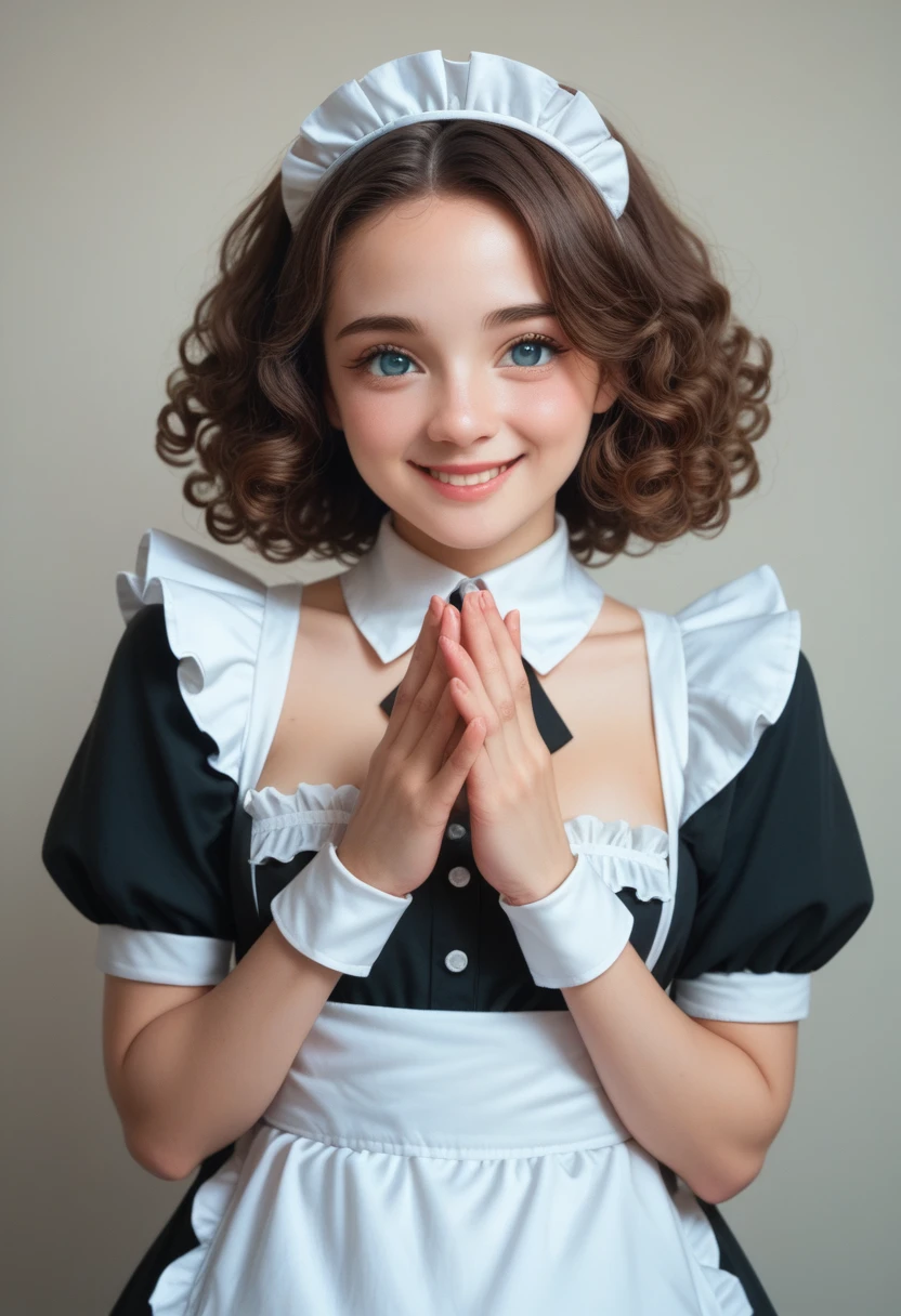 ((Beautiful maid:1.5),High resolution, Highest quality),Wearing maid uniform,Soft hands, Big bright eyes, Dark and vibrant curly hair, Cute smile, Rosy Cheeks, Soft Light, Pure white background