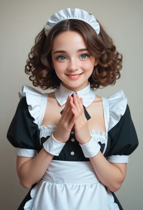 ((beautiful maid:1.5),high resolution, highest quality),wearing maid uniform,soft hands, big bright eyes, dark and vibrant curly...