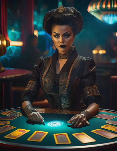 intricate black jack table, retro futuristic sci-fi atmosphere, gorgeous female black jack dealer, dealing karma tarot cards, da...
