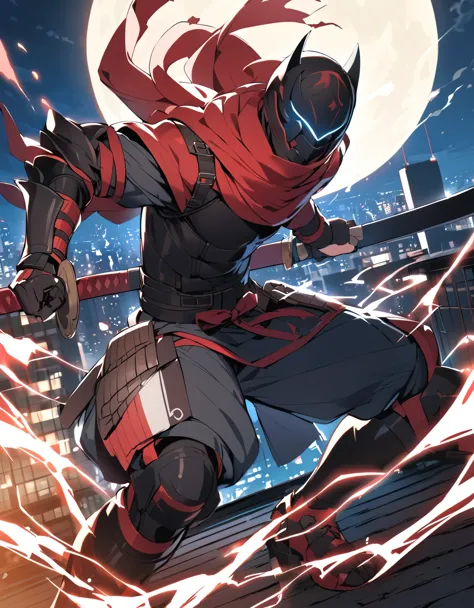 (masterpiece), (best quality), (high res), (solo, solo focus), 1male, male focus, ninja, helmet, metal claws, glowing red eyes, ...