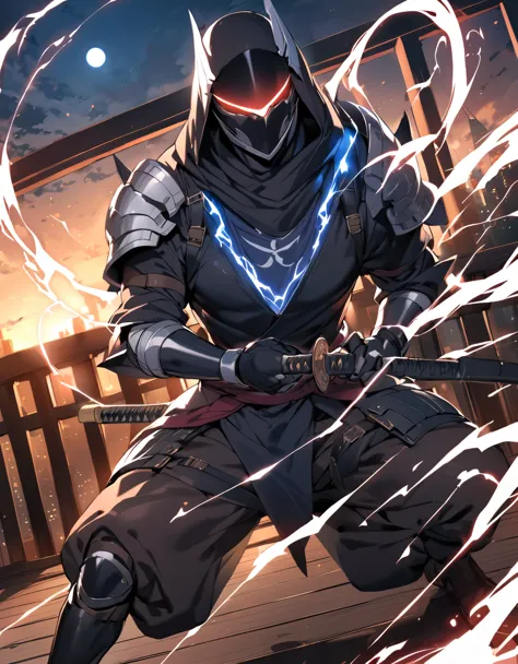 (masterpiece), (best quality), (high res), (solo, solo focus), 1male, male focus, ninja, helmet, metal claws, glowing red eyes, ...