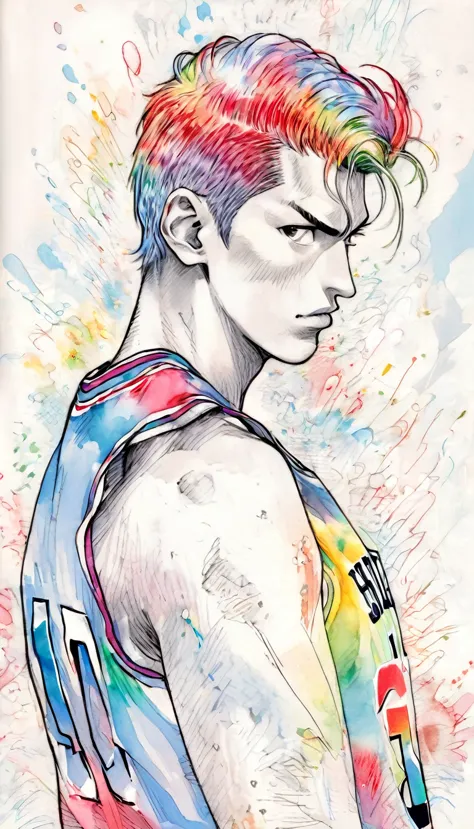 good looking、SDXL_Rainbow SE、A sketch-like touch、monochromatic、Upper Body、Basketball Uniform、profile