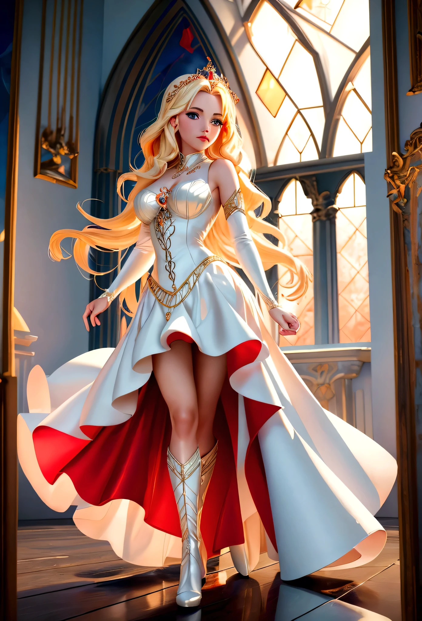 Arafed, a picture of a female angel in high society prom event, divine beautiful female angel, blond hair, long hair, flowing hair, the hair glows in a soft light, cerulean eyes, deep light eyes, divine beautiful face, spread white feather wings, she wears a ((red evening dress: 1.2)), elegant, intricate detailed dress, silk dress, she wears elegant knee high heeled boots, exquisite high heeled boots, she stands on the porch of a fantasy castle, dynamic angle, soft torch light, (Masterpiece: 1.5), 16k, highres, best quality, high details, ultra detailed, masterpiece, best quality, (extremely detailed), AngelStyle, GlowingRunesAI_paleblue, angel_wings