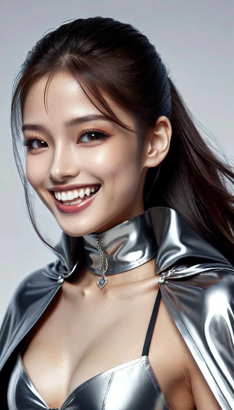 (RAW photo, best quality, masterpiece, ultra-detailed, high res), (realistic),(extremely delicate and beautiful:1), mesmerizing woman with long hair in sleek high ponytail , (((wearing glossy silver cloak fastened at the neck :1.20))), crop top and hotpants , detailed features, smiling expression of feelings, imaginative, highly detailed, extremely high-resolution details, photographic, realism pushed to extreme, fine texture, 4k, ultra-detailed, high quality, high contrast, full body shot