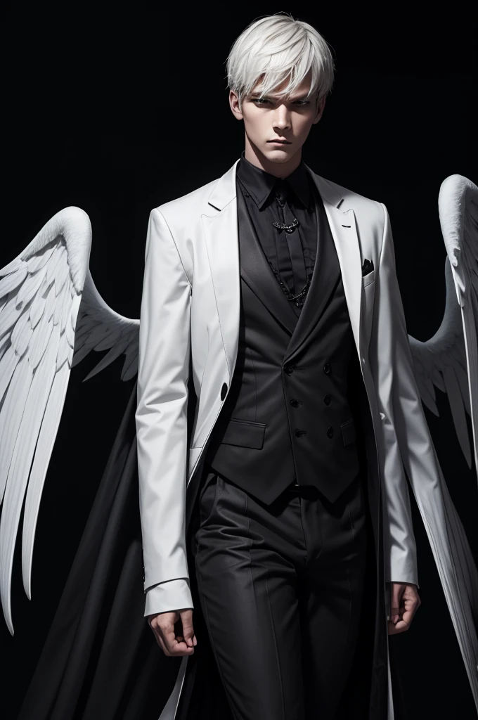 Homme ambivalent, half angel half devil, dark, white wings, dark background, black clothes, serious, charismatic