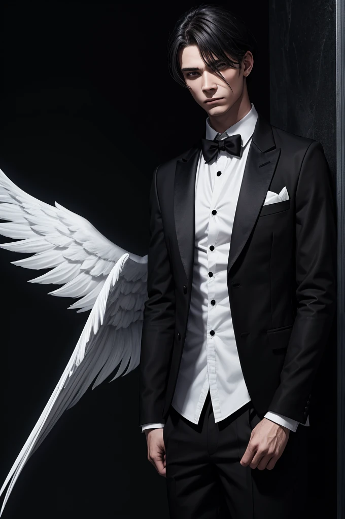 Homme ambivalent, half angel half devil, dark, white wings, dark background, black clothes, serious, charismatic