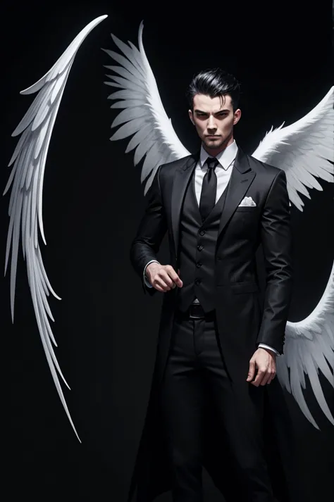 homme ambivalent, half angel half devil, dark, white wings, dark background, black clothes, serious, charismatic