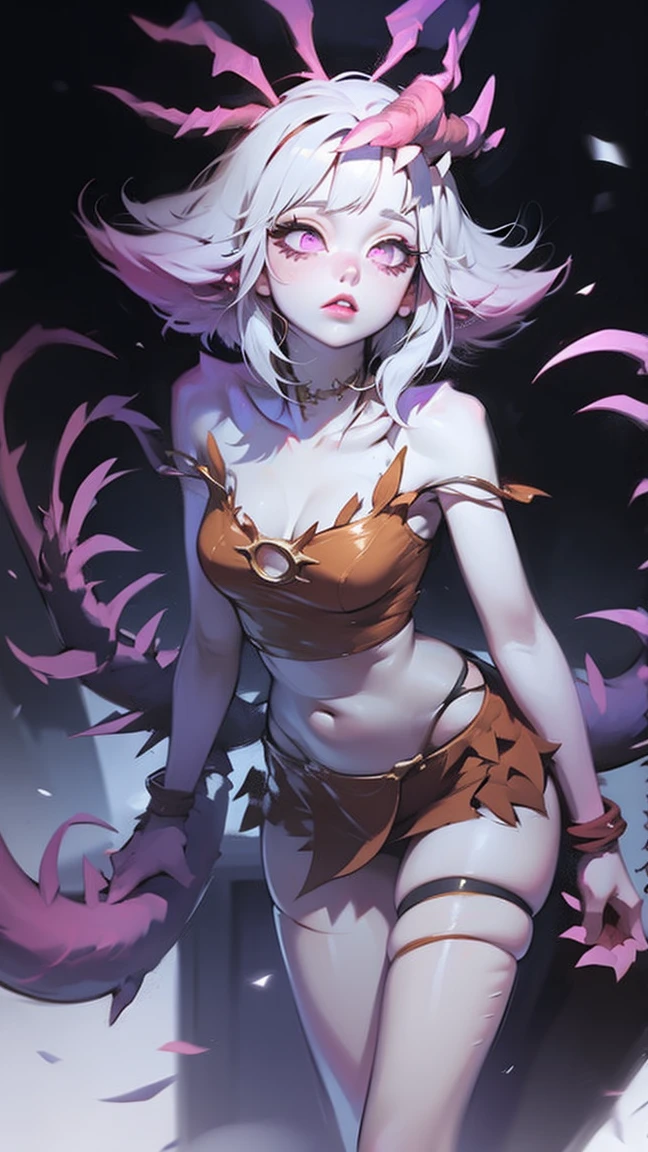 1 girl, adult woman,  Alone, g0ld3mb, air, (platinum blonde hair) hair, hime cut, (kawaii hair clips:1.2)    high quality, Best Quality, high resolution, High detail, (airen aura magic), hair uplifted, horns, neeko, purple hair, sexy, full body, skinny body, hips window, sexy, naked legs, midriff, light grey skin, drooling, light purple saliva, corrupted, curious look, 