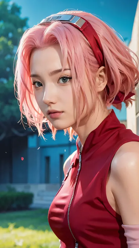 Real life adaption of this character, Korean teen beauty face, realistic pink hair , realistic same outfit, realistic light, rea...