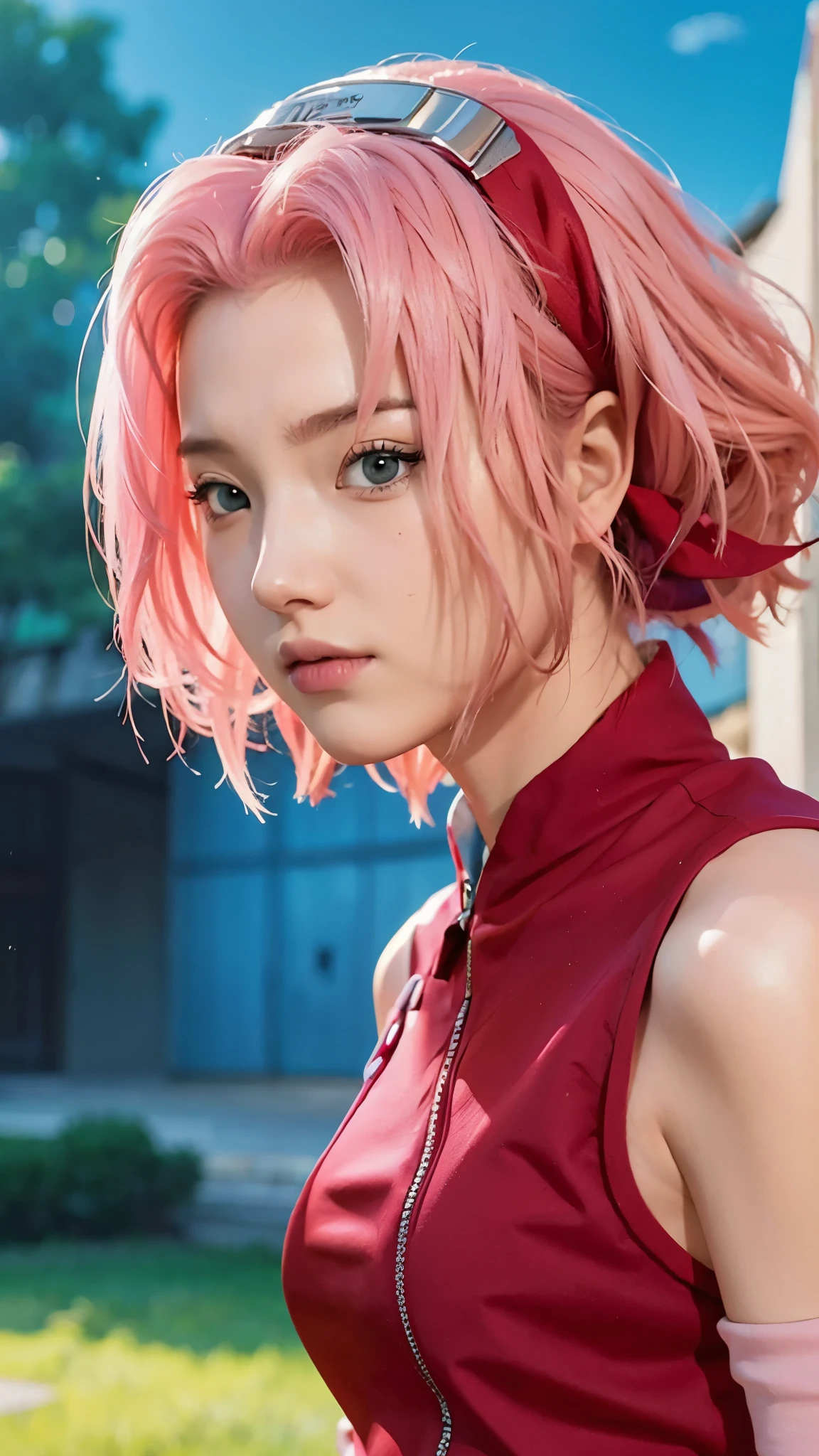 Real life adaption of this character, Korean teen beauty face, realistic pink hair , realistic same outfit, realistic light, realistic shadow, hyper realistic, realism, realistic background,(photorealistic:1.2)