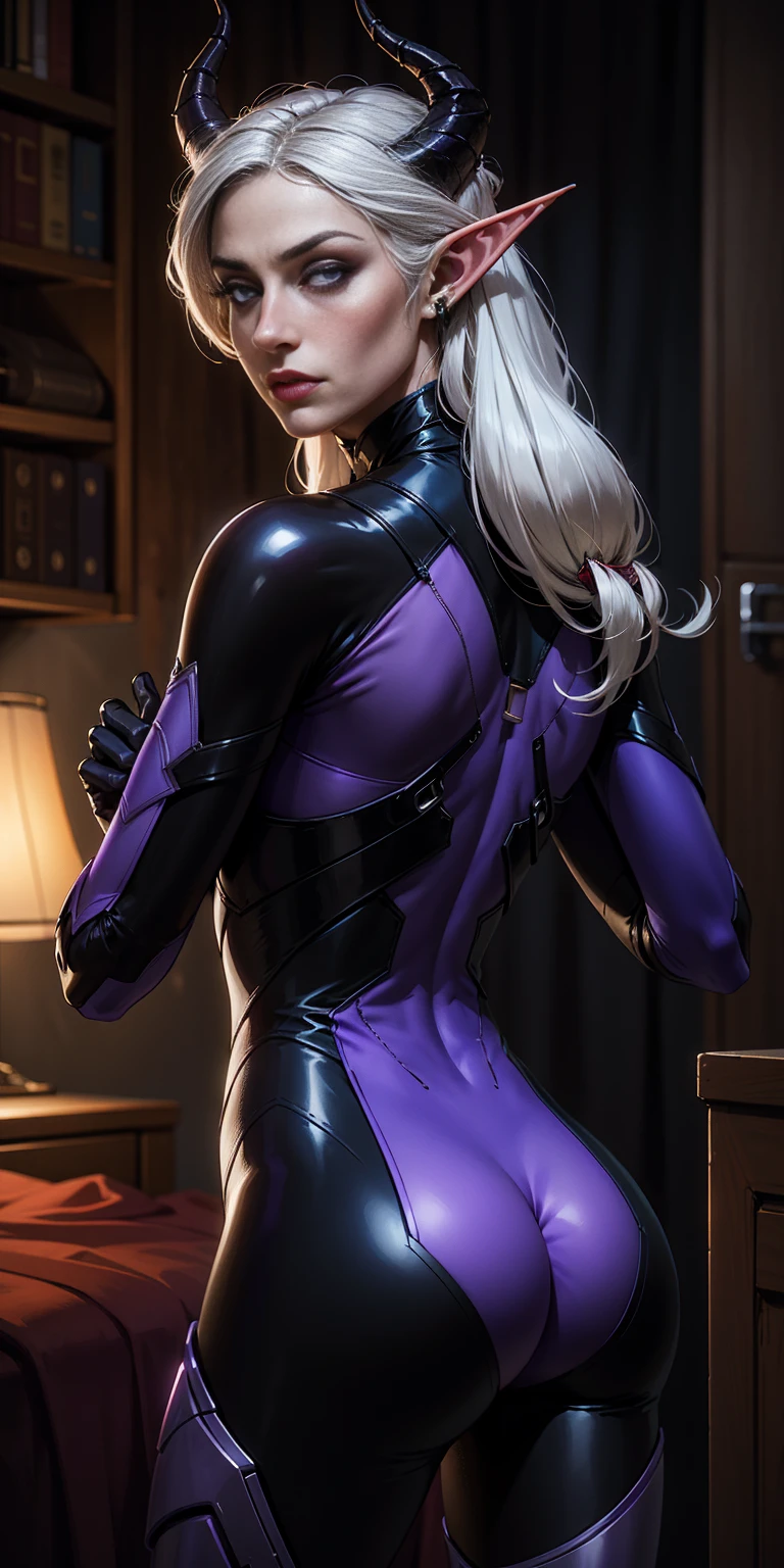 Chibuzo Ngozi, zPDXL2, rating_safe SFW, pin up art by Olivia De Berardinis, 45 year old dark white haired dark elf in a Futuristic closet (purple skin, horns, pointed ears:1.2) from behind, squeezing bra} emotional facial expression, 43stl1ght1ng, low light, dramatic lighting, darkness, bodysuit, sci fi mask (Sui Tsundere Elf)