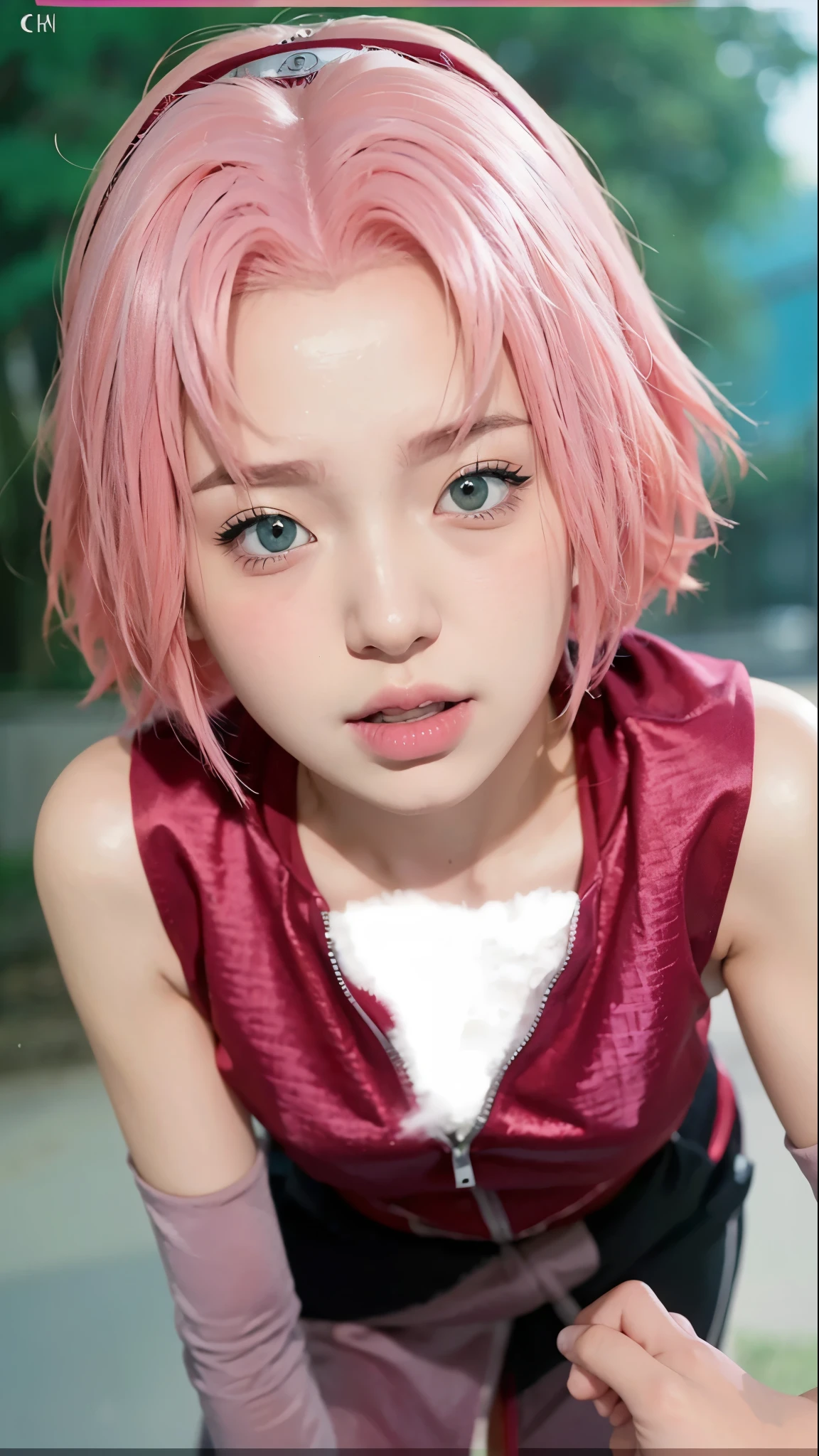 Real life adaption of this character, Korean teen beauty face, realistic pink hair , realistic same outfit, realistic light, realistic shadow, hyper realistic, realism, realistic background,(photorealistic:1.2)