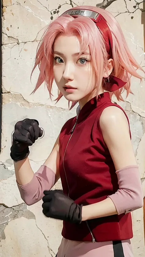 Real life adaption of this character, Korean teen beauty face, realistic pink hair , realistic same outfit, realistic light, rea...