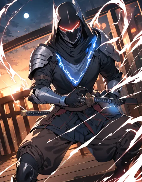 (masterpiece), (best quality), (high res), (solo, solo focus), 1male, male focus, ninja, helmet, metal claws, glowing red eyes, ...