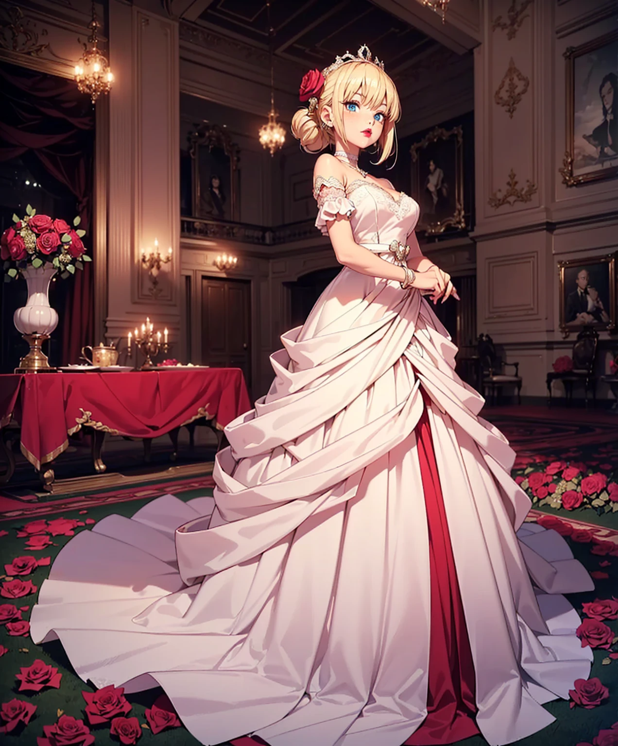 ((1woman, (solo, 1girl, alone), kohaku, blonde hair, blue eyes, tied hair)), smug, ((solo, (1woman, pink lipstick), Extremely detailed, ambient soft lighting, 4k, perfect eyes, a perfect face, perfect lighting, a 1girl)), austere, ((luxury dress, long dress, princess dress, wedding dress, puffy dress, babadi dress, lace dress, ballroom, hall of fame, roses))