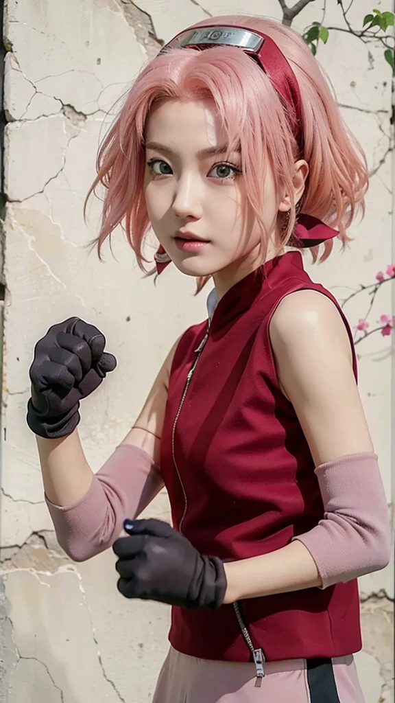 Real life adaption of this character, Korean teen beauty face, realistic pink hair , realistic same outfit, realistic light, realistic shadow, hyper realistic, realism, realistic background,(photorealistic:1.2)