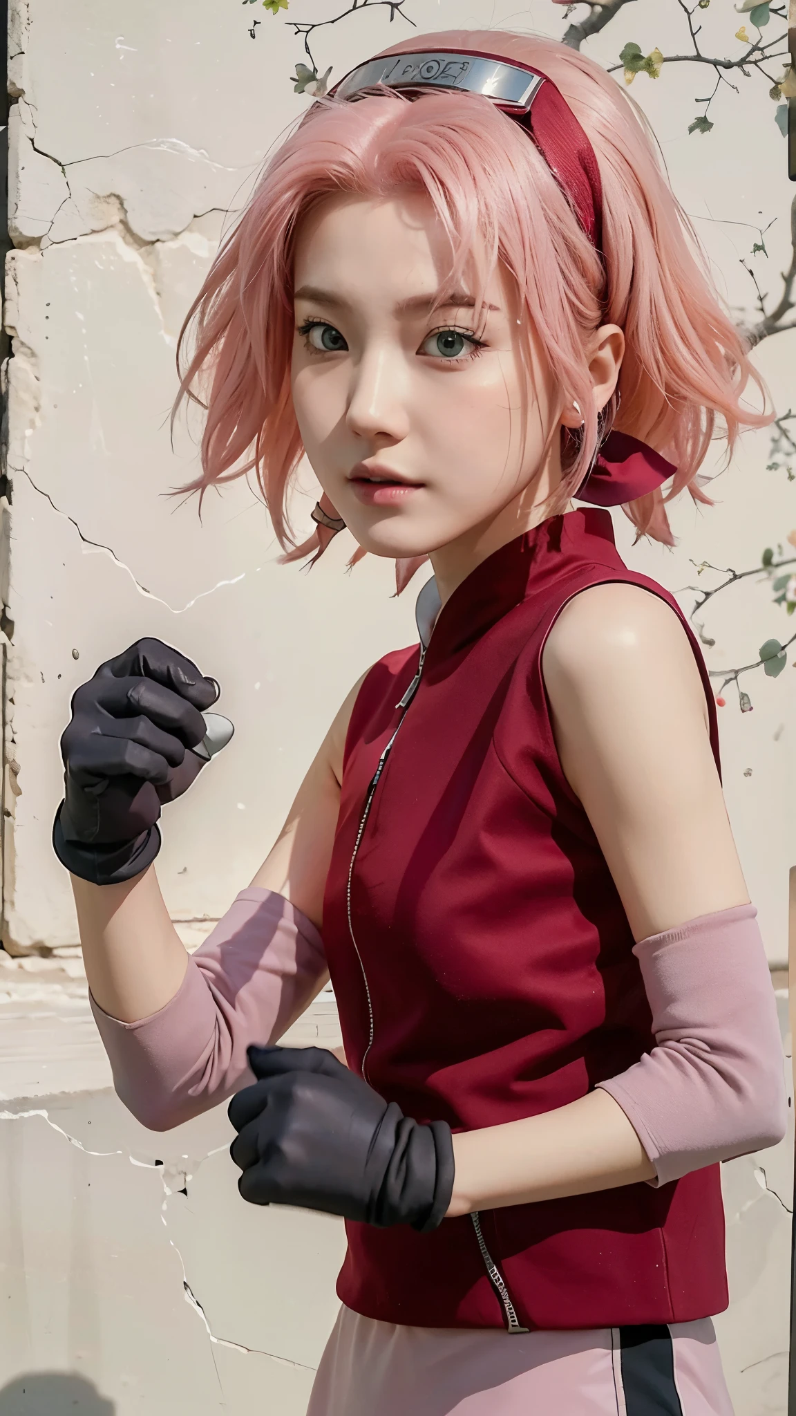 Real life adaption of this character, Korean teen beauty face, realistic pink hair , realistic same outfit, realistic light, realistic shadow, hyper realistic, realism, realistic background,(photorealistic:1.2)