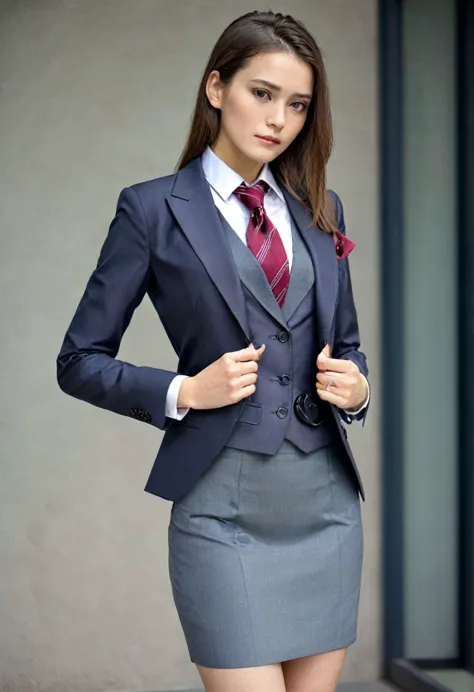 1 woman, beautiful woman, skirt suit, (((three-piece suit))), (((dress shirt))), (((necktie))), (((blazer))), (((suit jacket))),...