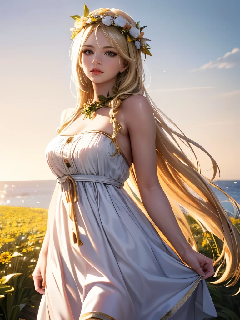 Ultra-high resolution, Highest quality, Ultra high definition, 8k, (Realistic:1.4), Girl with a wreath on her head, Long blonde hair, Wearing Her Lip To summer dress, 