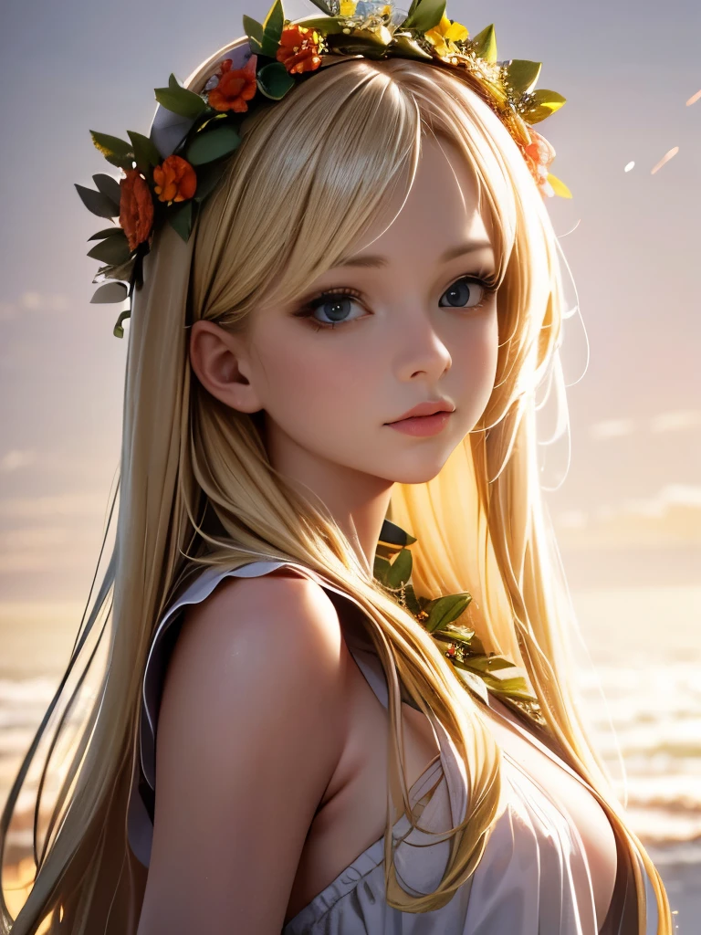 Ultra-high resolution, Highest quality, Ultra high definition, 8k, (Realistic:1.4), Girl with a wreath on her head, Long blonde hair, Wearing Her Lip To summer dress, 