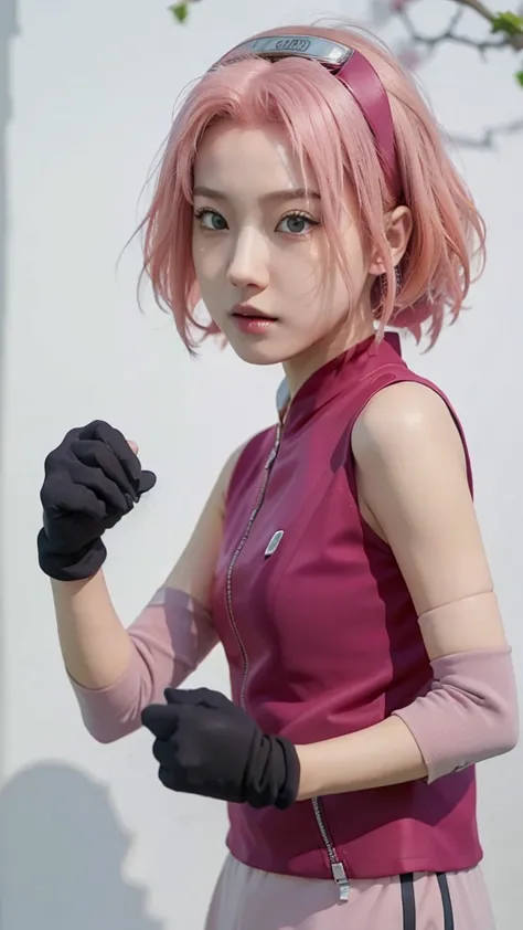 Real life adaption of this character, Korean teen beauty face, realistic pink hair , realistic same outfit, realistic light, rea...