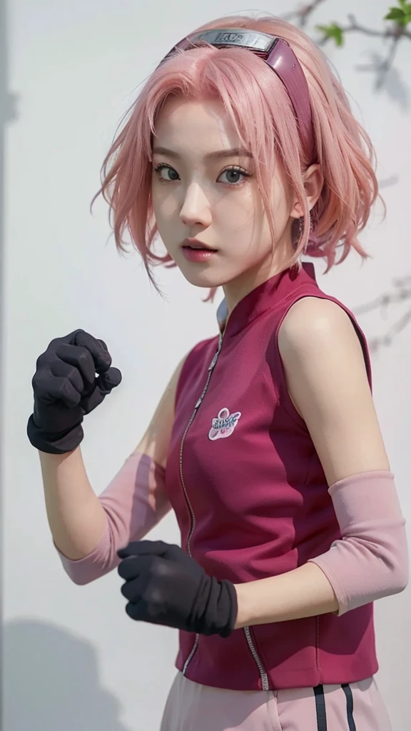 Real life adaption of this character, Korean teen beauty face, realistic pink hair , realistic same outfit, realistic light, realistic shadow, hyper realistic, realism, realistic background,(photorealistic:1.2)