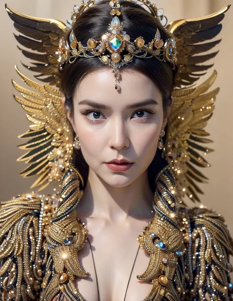 painting of a woman with wings and a crown on her head, Portrait of a Beautiful Angel, Artgerm detailed, goddess close-up portra...