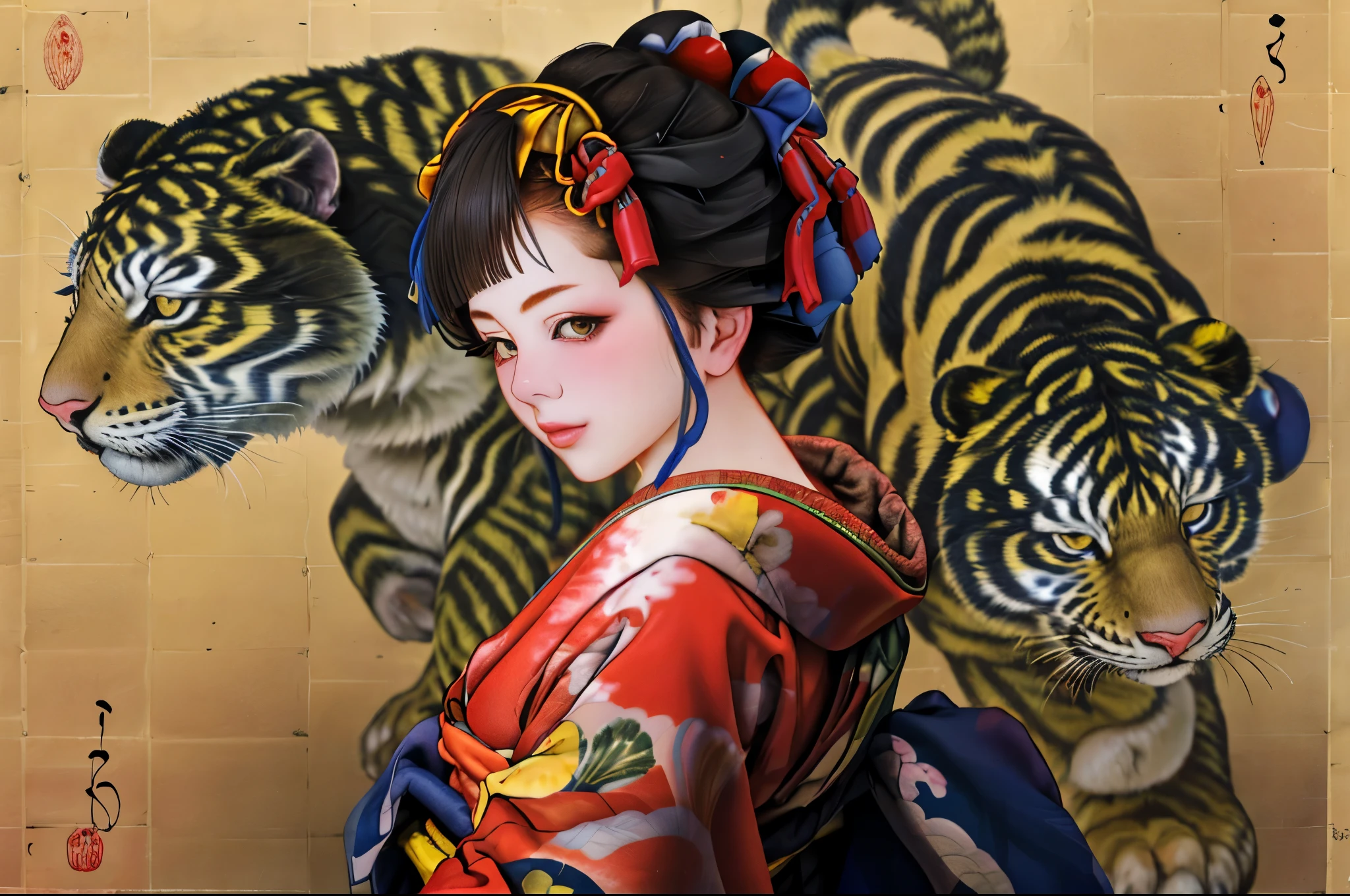 1 Girl, alone, Oiran, Maiko, country, Looking at the audience, short hair, Brown eyes, Brown Hair, Black Hair, hair ornaments, Upper Body, kimono, Blunt bangs, kimono, sash, Compensate, Bob cut hair, background with white Tiger and Chinese blue Dragon,