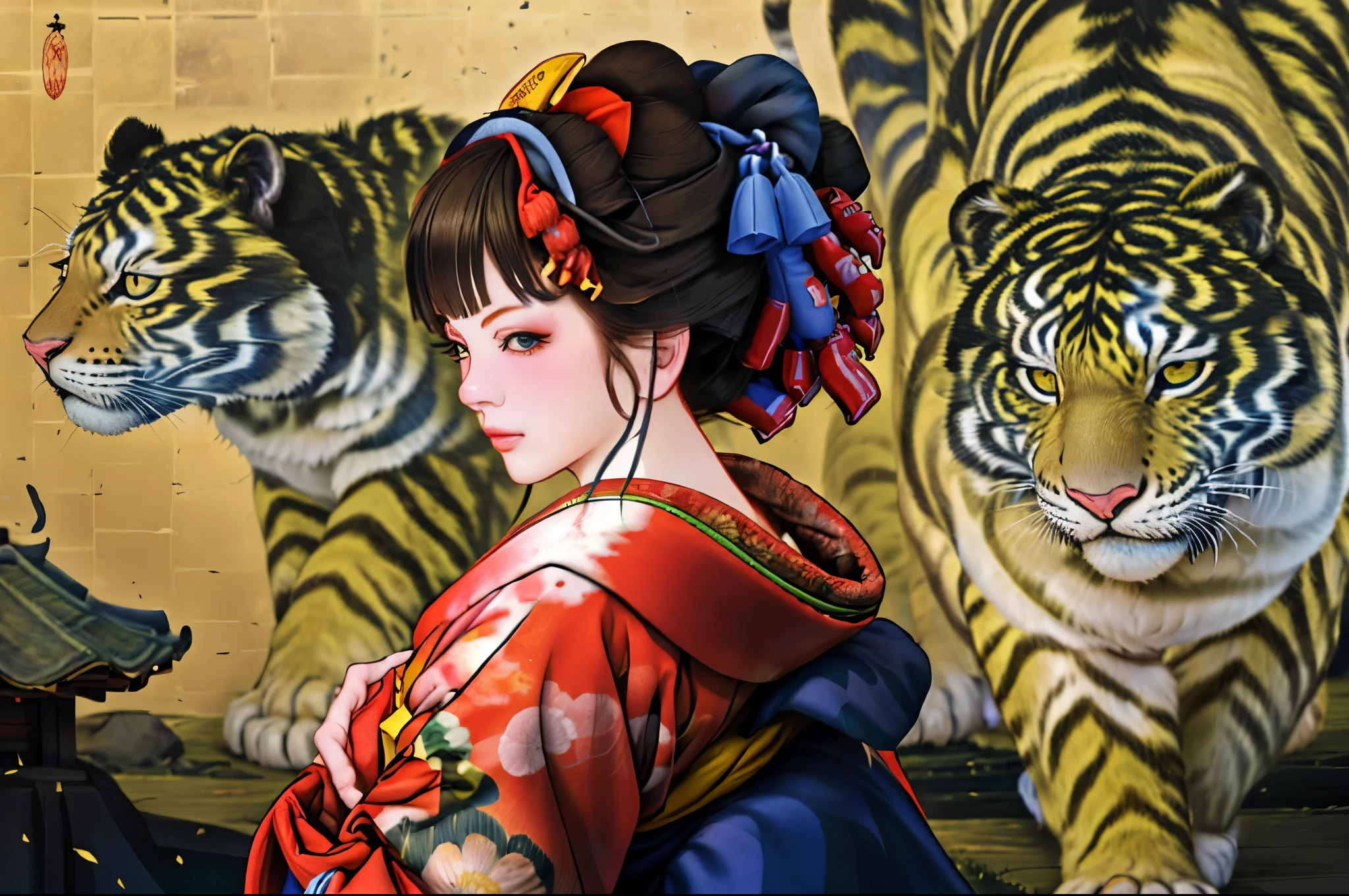 1 fille, seul, Oïran, des pays, pays, En regardant le public, Cheveux courts, yeux marrons, cheveux bruns, cheveux noirs, ornements de cheveux, Haut du corps, kimono, frange émoussée, kimono, ceinture, compenser, coupe de cheveux au carré, fond avec un tigre blanc et un dragon bleu chinois,