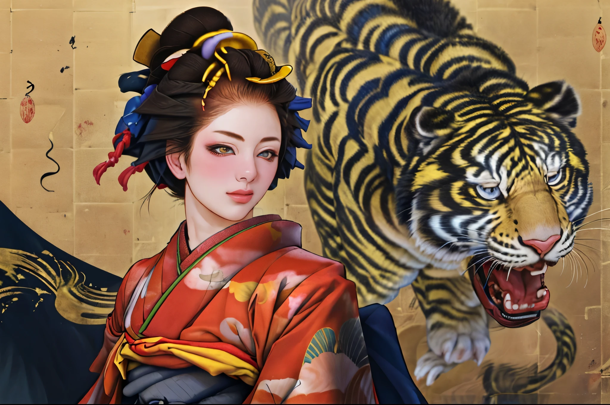 1 Girl, alone, Oiran, Maiko, country, Looking at the audience, short hair, Brown eyes, Brown Hair, Black Hair, hair ornaments, Upper Body, kimono, Blunt bangs, kimono, sash, Compensate, Bob cut hair, background with white Tiger and Chinese blue Dragon,