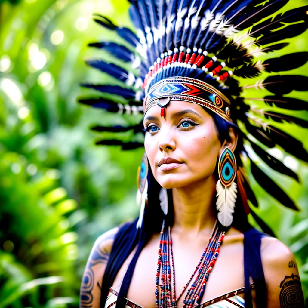 Woman in a feather headdress with feathers on her head,(((rosto pintado))), Retrato da princesa asteca, usando coroa de penas brilhantes,  com penas, beautiful young female shaman,rosto pintado,Strobe, she is dressed in shaman clothes,sombra, cocar emplumado,(Auroracore : 1,5),auto contrast, tatuagem do esterno, cocar ornamentado, a young female shaman, Angelina Jolie UHD, cocar, : native american shamen fantasy, cocar centralizado,rosto pintado,Strobe,Auroracore, Bobina de Tesla.