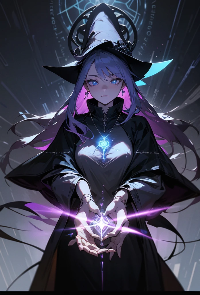 depicts a modern-day witch who has embraced the world of cybernetics to enhance her magical abilities. The artwork should convey the enchanting blend of traditional witchcraft and futuristic technology. Here are some specific elements to include: The Witch's Lair: The setting should be a cozy yet slightly eerie room, filled with magical books, crystal balls, potion ingredients, and antique furnishings. The room should be dimly lit by candles and a soft, mystical glow emanating from her cybernetic enhancements. The Cyborg Witch: The central focus of the artwork is the witch herself. She's a striking figure with a mix of traditional witch attire and cybernetic enhancements. Her clothing should have a witchy, occult aesthetic, with flowing robes, a pointed hat, and an intricate pentagram necklace. Her arms, however, have been upgraded with cybernetic components that incorporate magical symbols and glowing runes. Magical Interface: The witch is in the midst of casting a spell, with a holographic, touch-screen interface floating before her. This interface includes spell incantations, arcane symbols, and digital components, demonstrating her fusion of magic and technology. Spell Ingredients: On a nearby table, there should be a collection of spell ingredients, like herbs, potions, and magical artifacts. Some of these items may have been modified with cybernetic enhancements, blurring the line between the natural and the technological. Familiar: The witch's familiar, perhaps a cat or raven, should be present in the scene, serving as her magical companion. The familiar could also have subtle cybernetic enhancements or glowing eyes. Glowing Runes: The room should be adorned with ancient symbols and glowing runes on the walls and floor, contributing to the magical atmosphere. Aetherial Lighting: Use a combination of mystical, ethereal lighting and cybernetic glows to create a captivating interplay of light and shadow. The contrast between the tradit