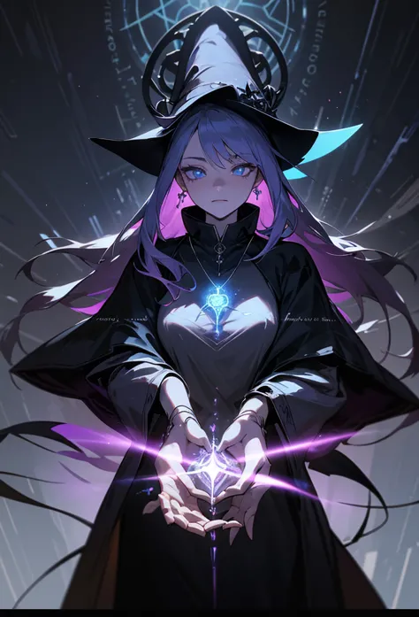 depicts a modern-day witch who has embraced the world of cybernetics to enhance her magical abilities. the artwork should convey...