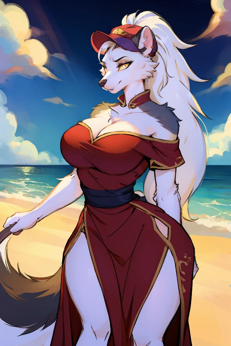 Top quality, best quality, By bahnbahn, High-quality illustrations, masterpiece, shadow, Light)(Beast field, Furry anthropomorphic, Solitary), round, woman, White Ferret, Garden Thousand Snow, (sdorica), White fur, slim, Wide hips, Fluffy, Tail, Large Breasts, Perfect eyes, Yellow eyes, ponyTail hair, Chinese dress, Elegant hat, beach, Body movement,